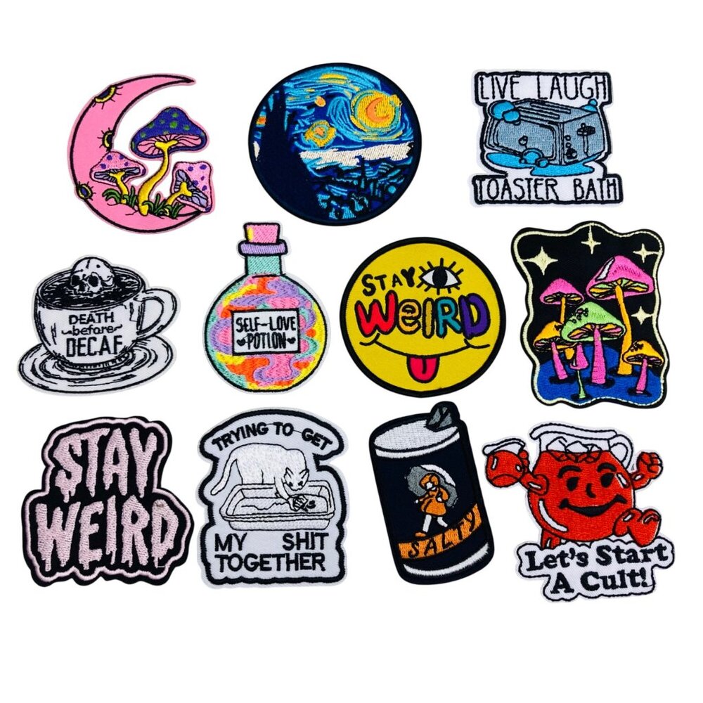 11 Assorted Embroidered Patches Quirky, Funny, Mushroom, Hippie, Retro, Unique